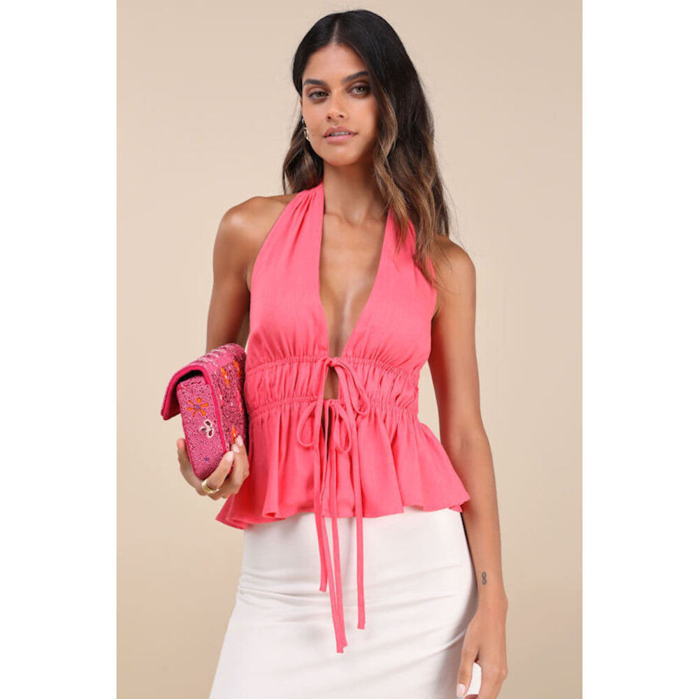 Lulus Adelita Coral Pink Tie-front Halter Peplum Top - Size M